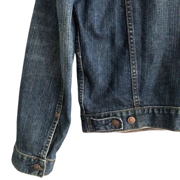 Levis Slim Trucker Jean Jacket Size L Y2k Red Tab Distressed Dark Wash Denim - Picture 7 of 14